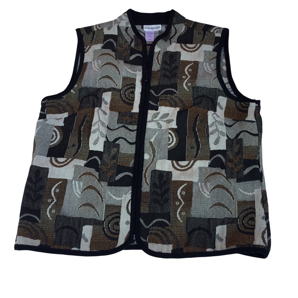 Coldwater Creek‎ Womens Large Tapestry Vest Abstract Geometric Full Zip Brown L